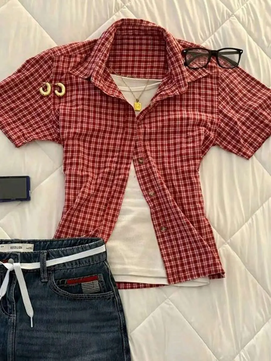 Women's Summer/Autumn Y2K Vintage Chic Casual Commuting Vacation Collegiate Style Patterned Print Short Sleeve Shirt