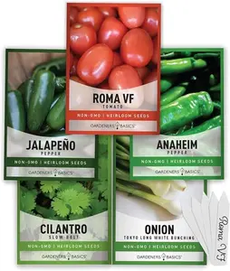 Heirloom Salsa Growing Seed Packets, Roma VF Tomato, Jalapeno, Cilantro, Anaheim and Onion Seeds for Garden Non GMO 5 Free Plant Markers