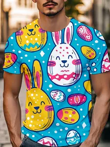 Cartoon Easter Bunny Short Sleeve T-Shirt, American Style Vibrant Fit, Skin-Friendly Breathable, Spring Picnic, Casual Wear