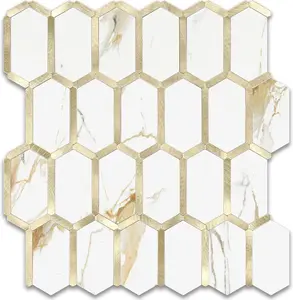Vamos Tile Long Hexagon Peel and Stick Tile Backsplash - 10 Sheets Stick on Backsplash for Kitchen and Bathroom Calacatta Gold Mixed Metal Light Gold PVC Self Adhesive Mosaic Wall Tiles(Seamless)