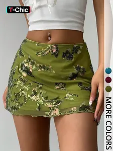 Women's Sexy Short Skirt with Sequin Floral Pattern and Mesh Design, Boho Skirts, Summer Fashion Vacation Style, Slim-Fitting, Short Length, Womenswear