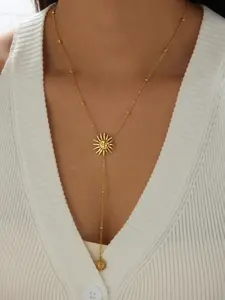 Stainless steel gold radiant sun charm y-drop necklace for women