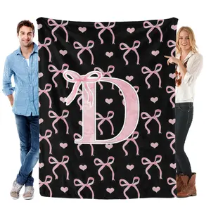Personalized "D" Pink Bow & Heart Blanket | Ultra-Soft Flannel with a Monogrammed Initial | Perfect for Adding a Cute, Custom Touch to Any Bedroom or as a Thoughtful Gift for Birthdays, Holidays & More