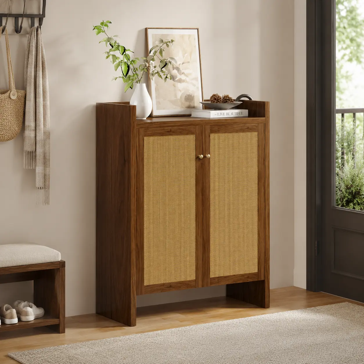 littleox 42.5" Tall Rattan Shoe Cabinet with Doors, 6-Tier Shoe Storage Cabinet with Adjustable Shelves, Wooden Freestanding Shoe Organizer Shoe Cabinet for Entryway,Hallway,Living Room (Walnut)