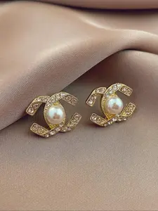 Elegant Zircon Cross Pearl Earrings, Trendy C-Shaped Clip-Ons, Perfect Gift for Girlfriend/wife, Daily & Date Wear, Pearl Embellished