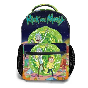 Rick and Morty  Y2K Aesthetic School Backpack for Girls, Cute Cartoon Girl Printed Student Bookbag with Mesh Side Pockets, Large Capacity Casual Daypack and Travel Bag for Kids a-53
