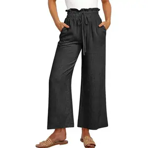 Women's Linen Pants Summer Wide Leg Casual Loose Drawstring Capri Palazzo Trousers with Pockets teacher outfits  Basic Cute Womenswear Bottom WidelegGiftGift