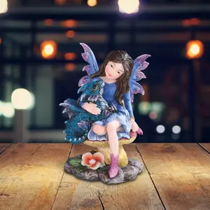 5.25"H Blue Fairy with Dragon Baby Sitting on Mushroom Statue Fantasy Decoration Figurine