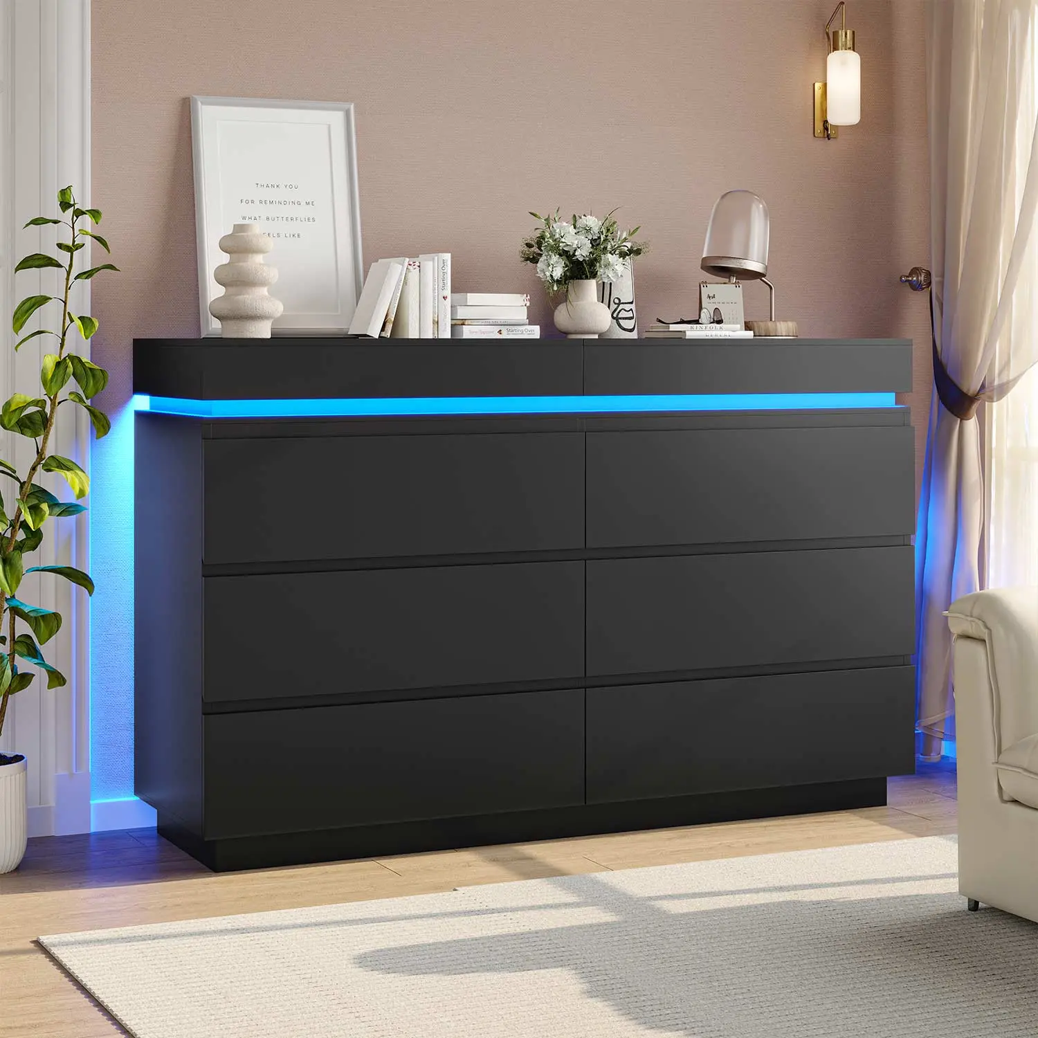 Wide Dresser with LED Lights 6 Drawers Black - TikTok Shop