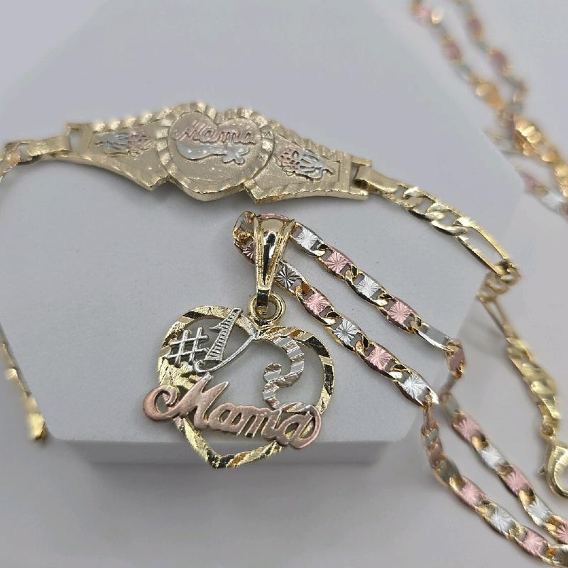 MOTHER'S GIFT SET mama #1 necklace mama bracelet heart and figaro style GOLD-PLATED 7"inches three colors