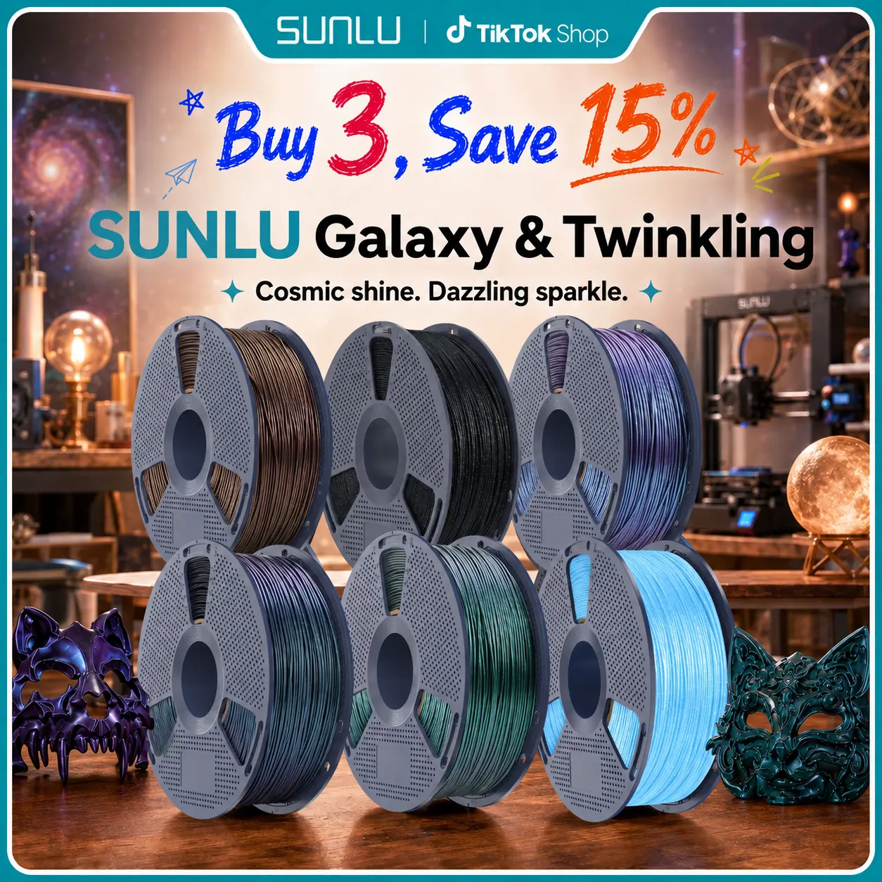 SUNLU 1KG PLA Galaxy & Twinkling 3D Printer Filament, 3d printer supplies | Sparkle Series | Shimmering Starry Effect, Smooth & Easy to Print | Aesthetic Filament for Models, Decor & DIY Projects | Back To School
