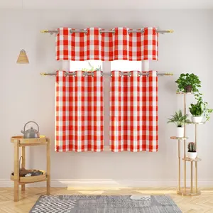 3 Pc Cotton Classic Country Farmhouse Kitchen Window Curtain Grommet Top -Red & White Buffalo Check Tier & Valance Set, 54" x 18" / 32" x 30"