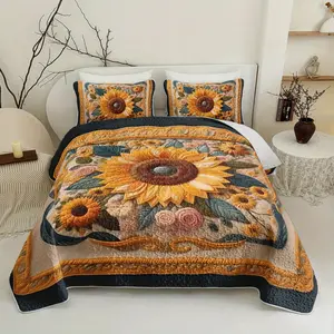 3pcs Sunflower Floral Bedding SetSunflower Quilt SetBohemian Bedspread SetsVintage Bedroom Decor Four Seasons (1Quilt+ 2Pillowcase)