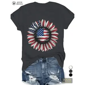 Summer t Shirts patriotic american flag sunflower womens plus size sports short sleeve t shirt dark grey -1 A79