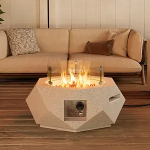 Outdoor Propane Fire Pit Table w Terrazzo White Faux Stone 24-inch Hexagon Base, Stainless Steel Burner, Wind Guard, Free Lava Rocks and Rain Cover