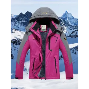 [Hiking Coat] Women's Waterproof & Windproof Ski Jacket with Fleece Lining - Pink & Gray Hooded Winter Parka, Multi-Pocket Durable Outdoor Coat for Hiking & Camping