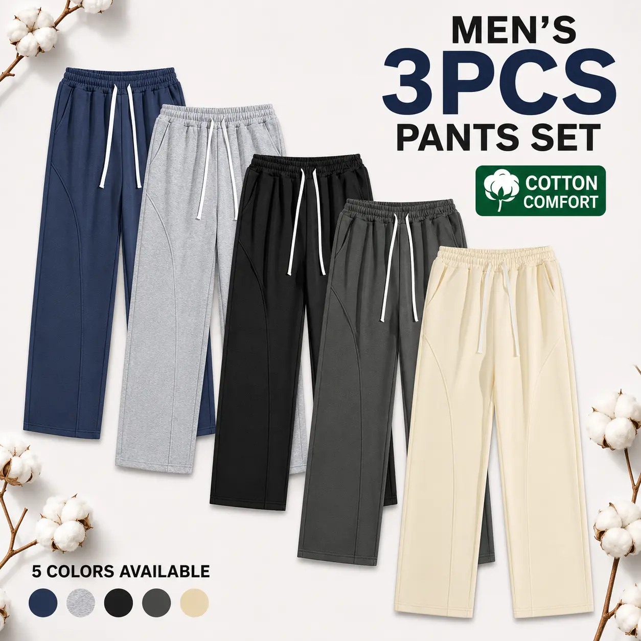 Cotton/3-pack, spring men’s drawstring pants with pockets—comfortable, soft, breathable, lightweight casual trousers; durable/wear-resistant/no pilling/colorfast/suitable for everyday wear, sports, leisure, and outdoor activities.