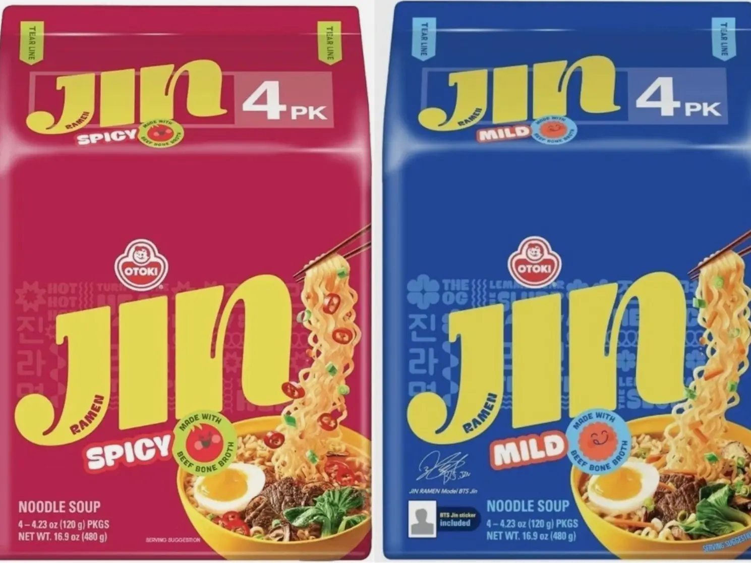 Ottogi Jin Ramen Mild & Spicy Combo Pack Korean Instant Noodles 8 Pack
