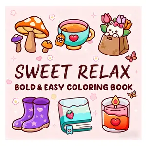 Sweetheart Relaxing Adult Coloring Book: Kawaii Easy Coloring Page - Mushroom/Tea/Cat Pattern Stress Relieving Art Picture Book