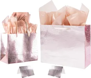 2 Pack Rose Gold Gift Bags with Tissue Paper Crocodile Pattern Gift for Birthday Party, Wedding, Anniversaries