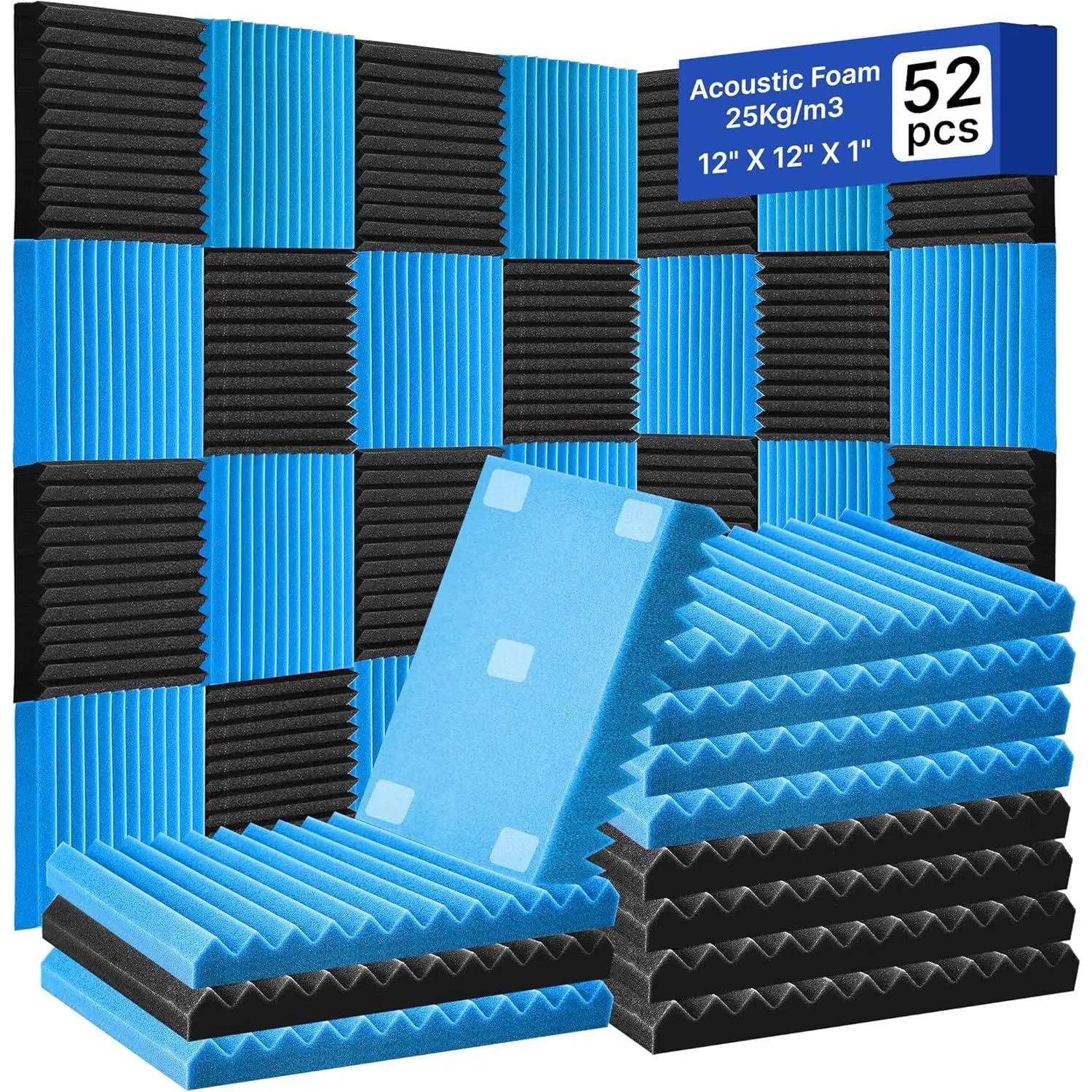 52 Pack Acoustic  Panels 1" x 12" x 12"Acoustic Wedge Studio  Sound Absorption Wall Panels (Black/Blue)