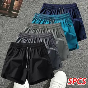 Pack of 5 men’s summer cooling breathable athletic shorts, available in multiple colors with slight stretch; outdoor sports shorts featuring a drawstring waist and side zipper design—ideal for summer outfits, travel, everyday basketball training, and outd