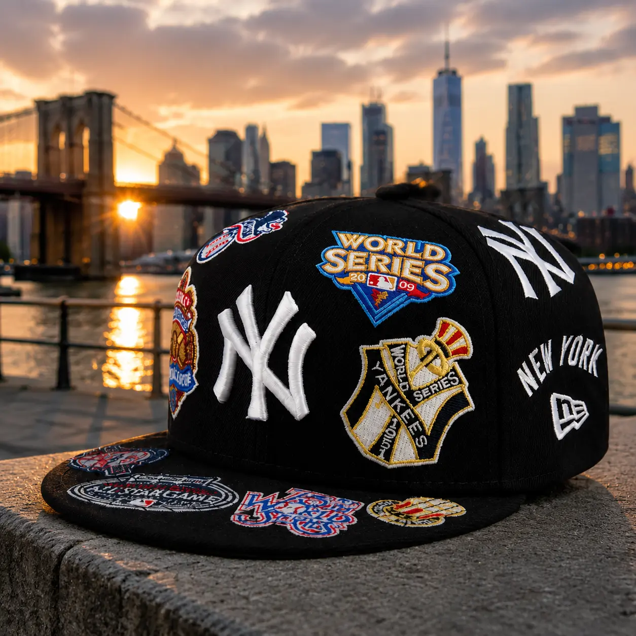 [Hot 2026] New Era New York Yankees All Over Patch 59FIFTY Fitted Hat – MLB Flat Brim Cap