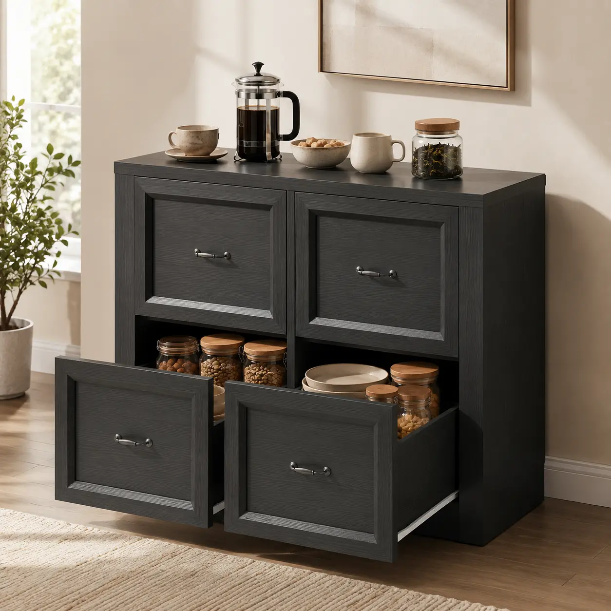 Homieasy 39" Sideboard Buffet Cabinet with 4 Drawers, Storage Credenza with Toe-Kick Design, Modular Cabinet System Expandable for Living Room, Entryway & Kitchen Pantry Storage Cabinet
