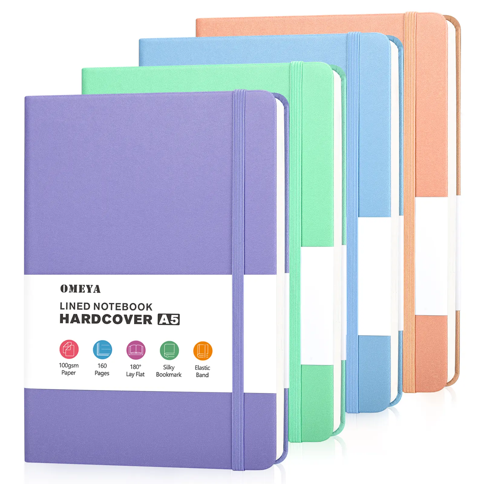 OMEYA 4 Pack A5 Hardcover Notebooks, College Ruled Journals with 100GSM Thick Paper, 160 Pages Each, PU Leather Cover, 180° Lay Flat & Elastic Band, Lined Notebooks for School, Work, Journaling & Note Taking