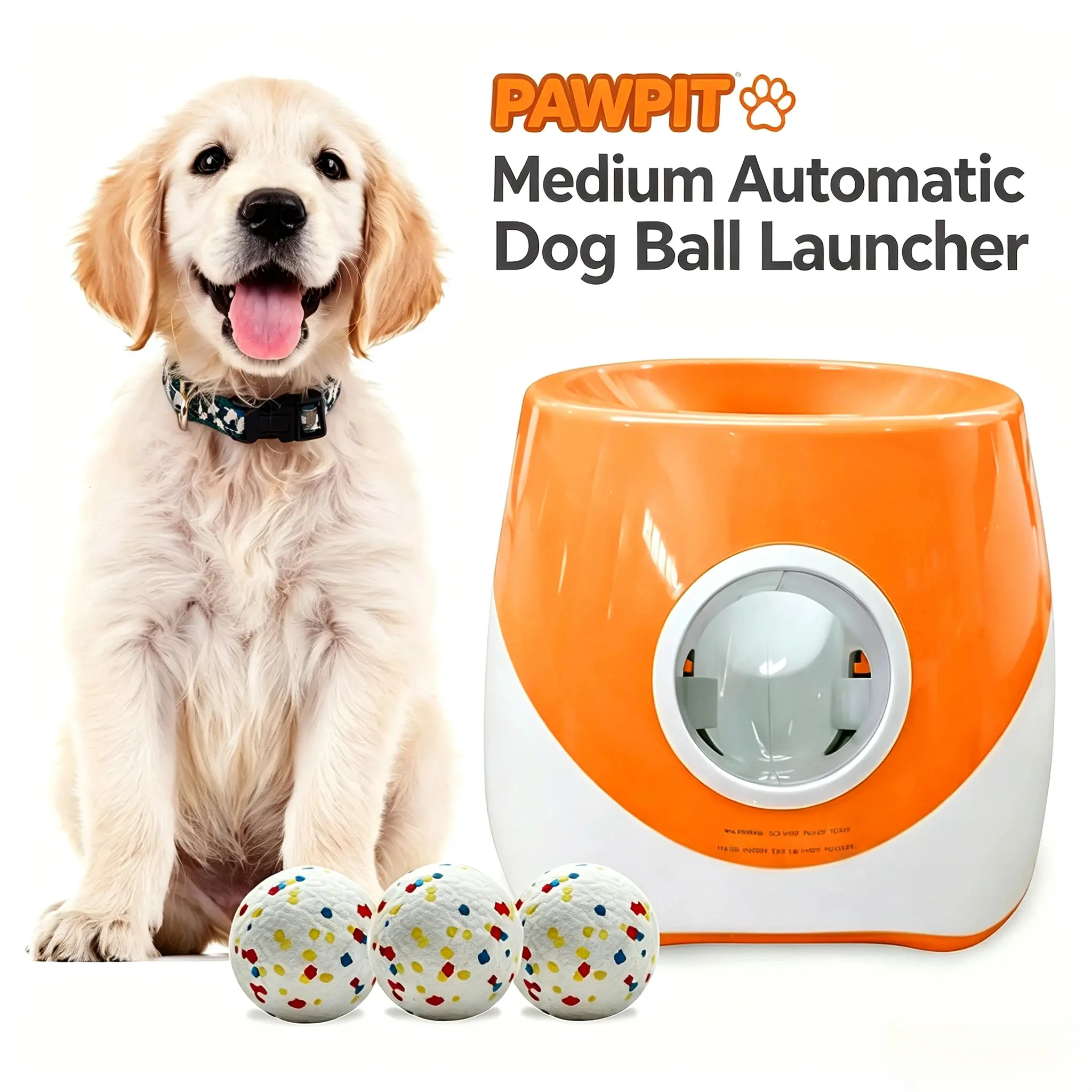 PAWPIT Automatic Ball Launcher for Dogs, Fetch Toy, Interactive Brain-Training Play Toy. Bundled with 3 Bite-Resistant & Effortless-Clean ETPU Balls. A Household Essential for Pet Parents, Ideal Present for Every Dog.