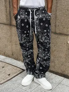 Men's Base Floral Wide Leg Pants, Streetwear Full Print Design, Drawstring Waist Loose Fit, Hip Hop Fashion Essential