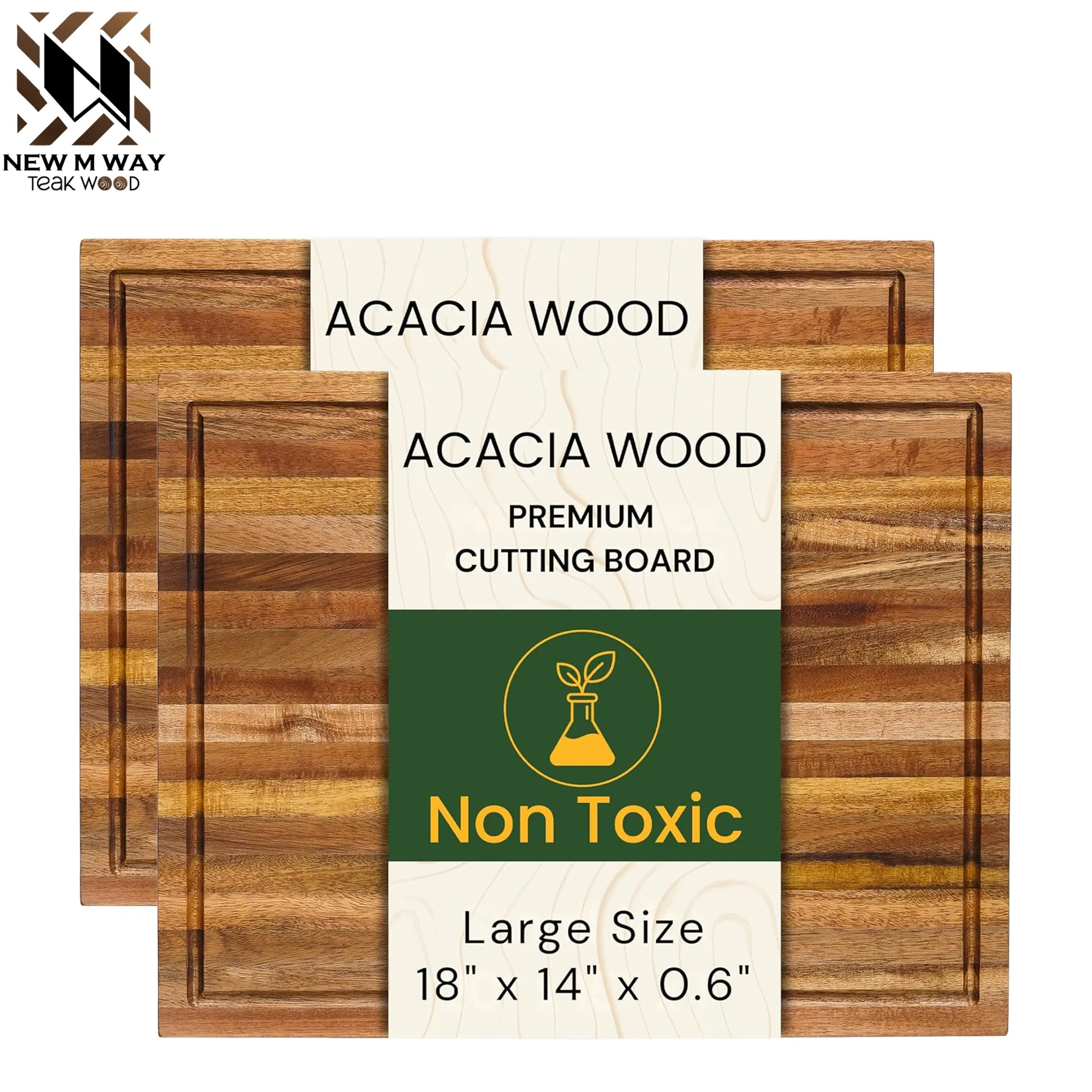 Set of 2 Extra Large Acacia Wood Cutting Boards, 18" x 14" x 0.6" Charcuterie & Serving Platters with Deep Juice Groove, Rectangular Prep & Serving Platter for Meat, Cheese, Fruit