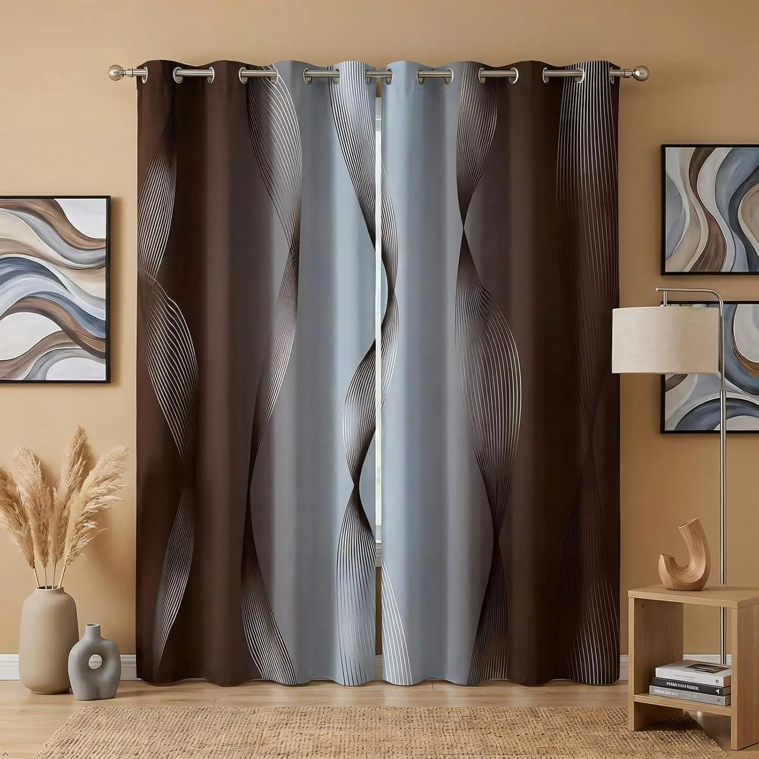 Gradient Terra Brown and Grey Blackout Curtains Ombre 2 Panels Curtains & Drapes,Spiral Silver Wave Line Curtains,Abstract Art Room Decor Aesthetic