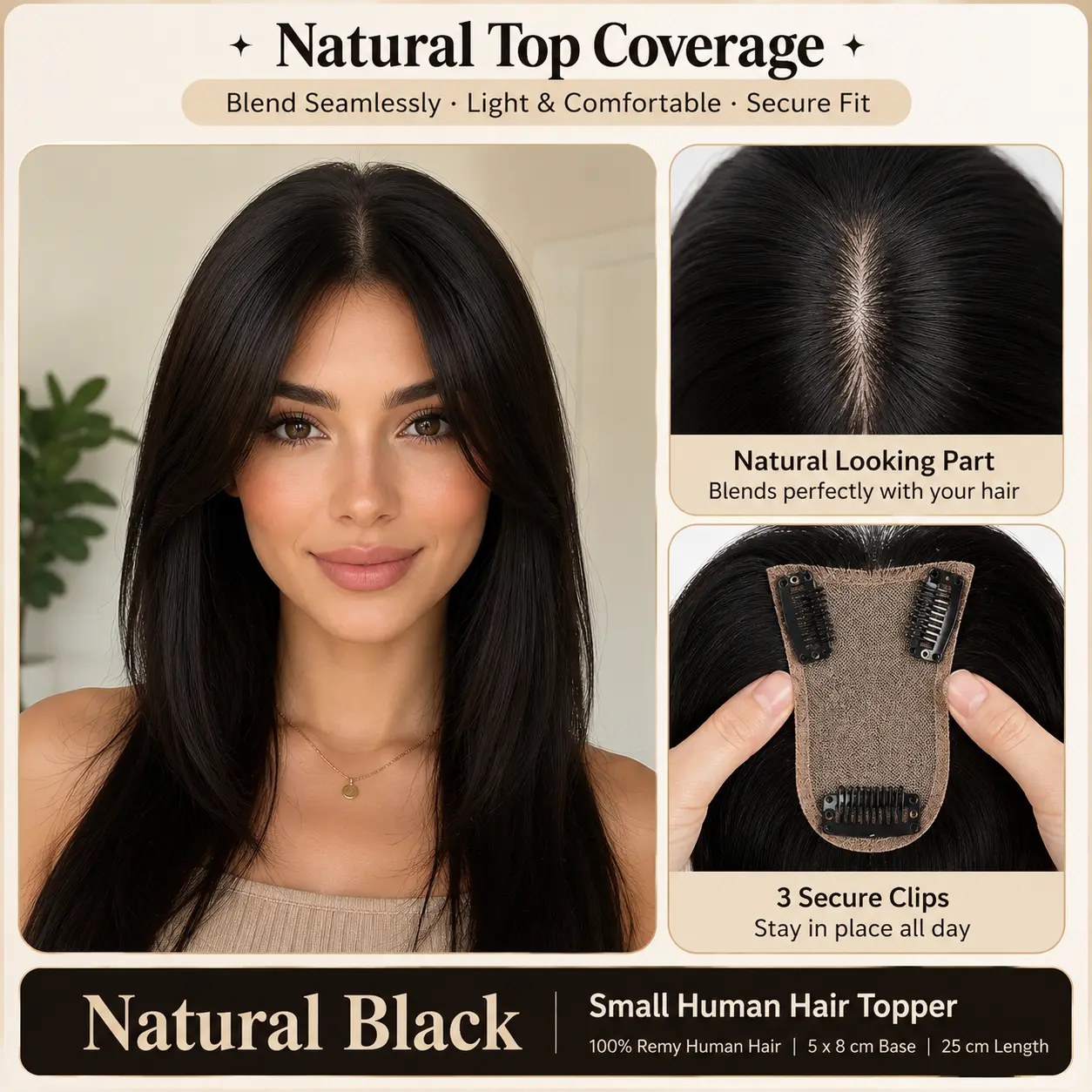 Clip-In Human Hair Topper with Bangs, 100% Remy Human Hair, 5 x 8 cm Hand-Tied T-Part Mesh Base, 25 cm Small Hairpiece with 3 Secure Clips, Breathable Lightweight Natural Top Coverage, Brown & Natural Black