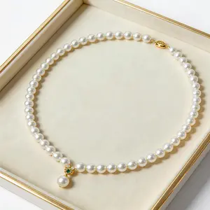 Luxurious Pearl Drop Necklace for Women with Emerald & Diamond Accents, Timeless Round Pearl Strand Chain, Jewelry, Perfect for Bridal, Prom, Anniversary, Valentine’s Day Gift for Her