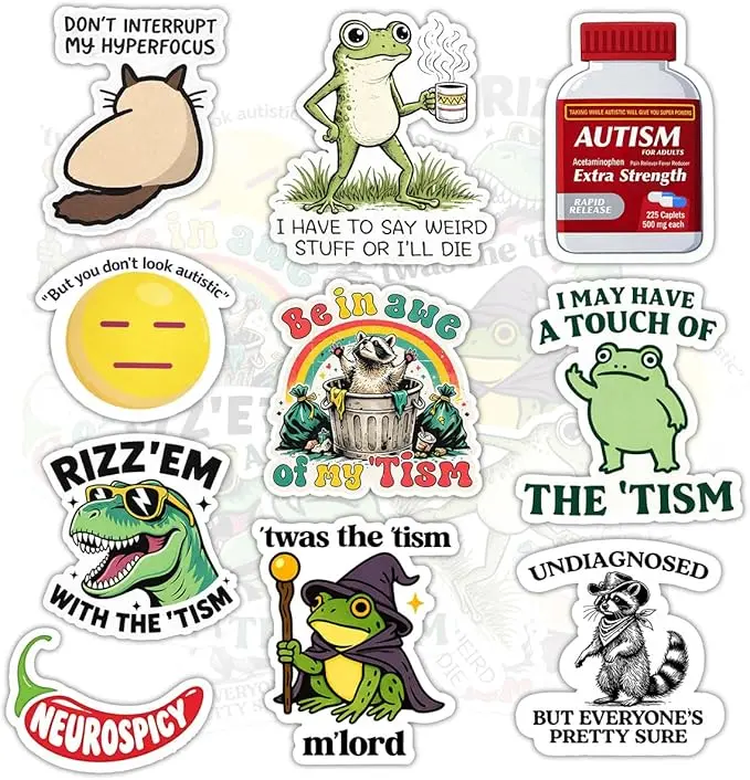 10pcs- Funny Autism Stickers Neurodivergent Meme Waterproof Vinyl Sticker Pack for Water Bottle Laptop Tumbler Phone Case Journal Scrapbook Car Helmet 3 Inches