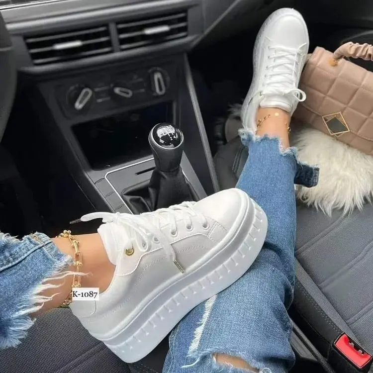 Women's Thick Soled Low Top Casual Platform Trainer Sneakers - Lace-Up, True-To-Size, Aesthetic Design, Daily Street Shoes, Lifestyle Shoe Trainer, Platform Sole Adds Height With Ease