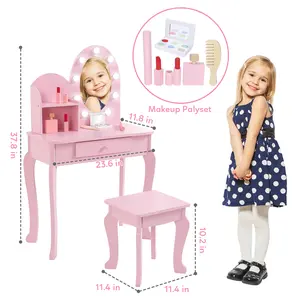 Lighted Mirror Kids Vanity Table Set – White Wooden Princess Makeup Desk with Stool, Storage Drawer & Open Shelves, Perfect for Girls Bedroom or Playroom, Ages 4-9