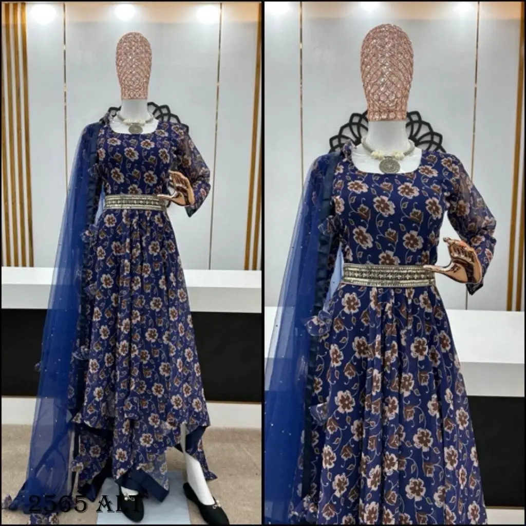 Party Wear Look Gown with Diamond Cut Flair and Fancy Belt - Fabric GEORGETTE  Print