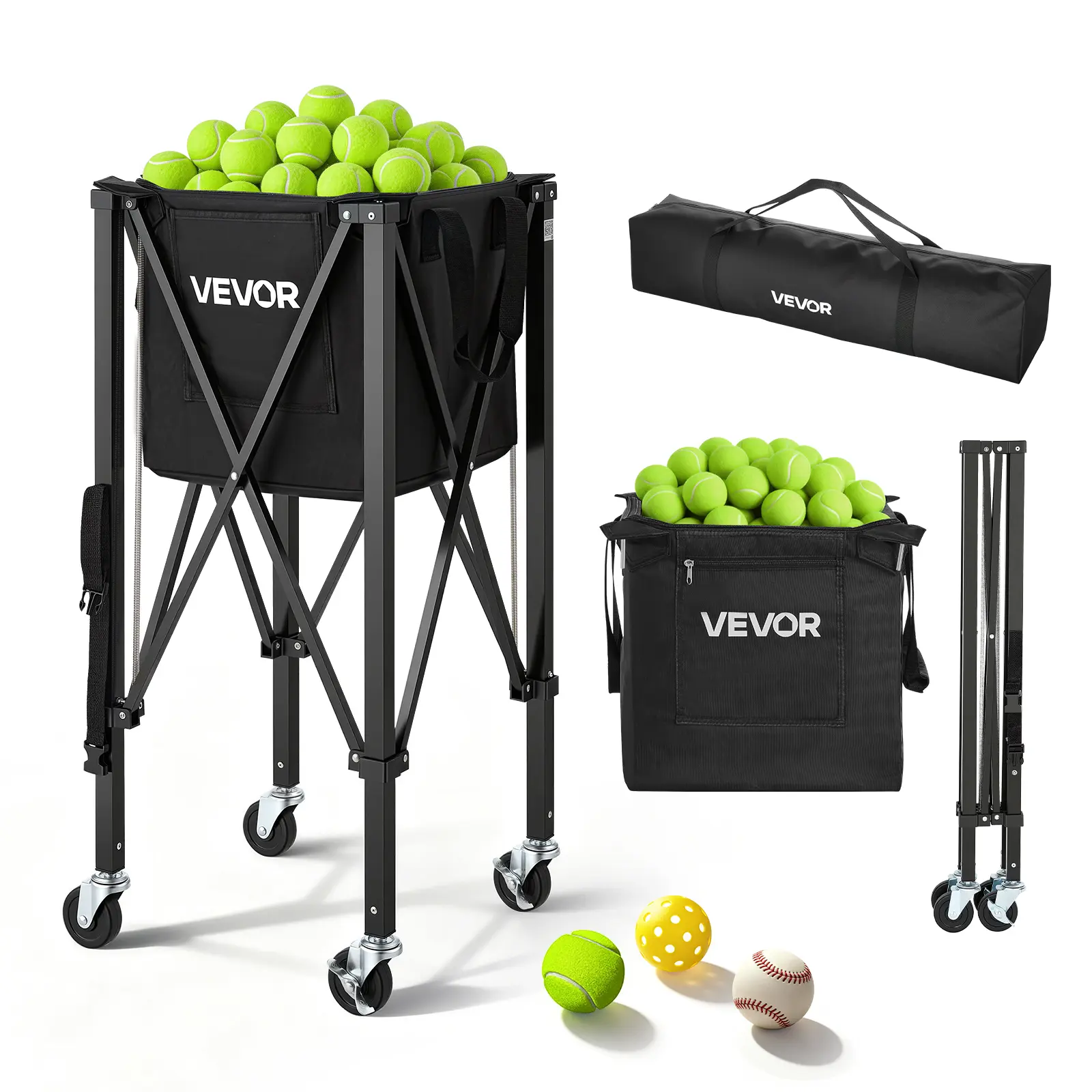 VEVOR Tennis Ball Hopper, 150-Ball Capacity Foldable Cart with Rust-Resistant Aluminum Alloy Frame, Tear-Resistant Mesh Bag and Locking Wheels for Training Sessions, Coaches, Schools, Breathable Mesh, Caddy Tennis Ball Hoppers#BacktoSchool