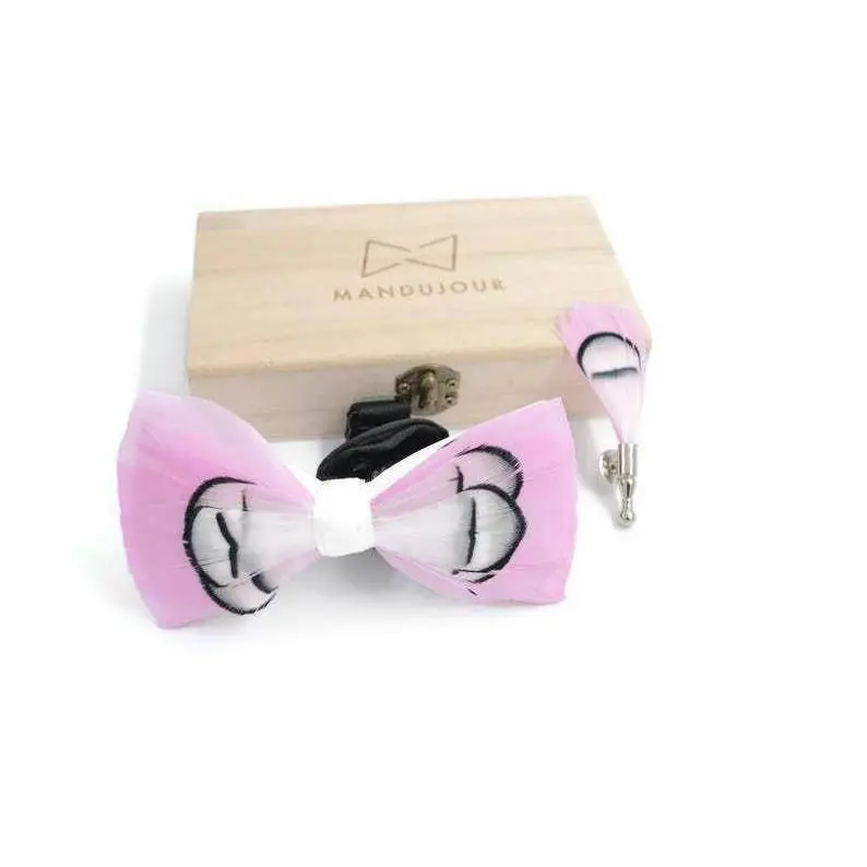 Pink White Pheasant Feather Bow Ties lapel Pin Set