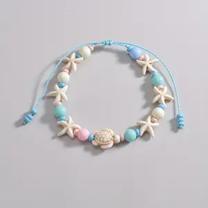Boho Ocean-Style Anklet - Turtle and Starfish Shaped Beaded Accessory with Waterproof Wax Thread