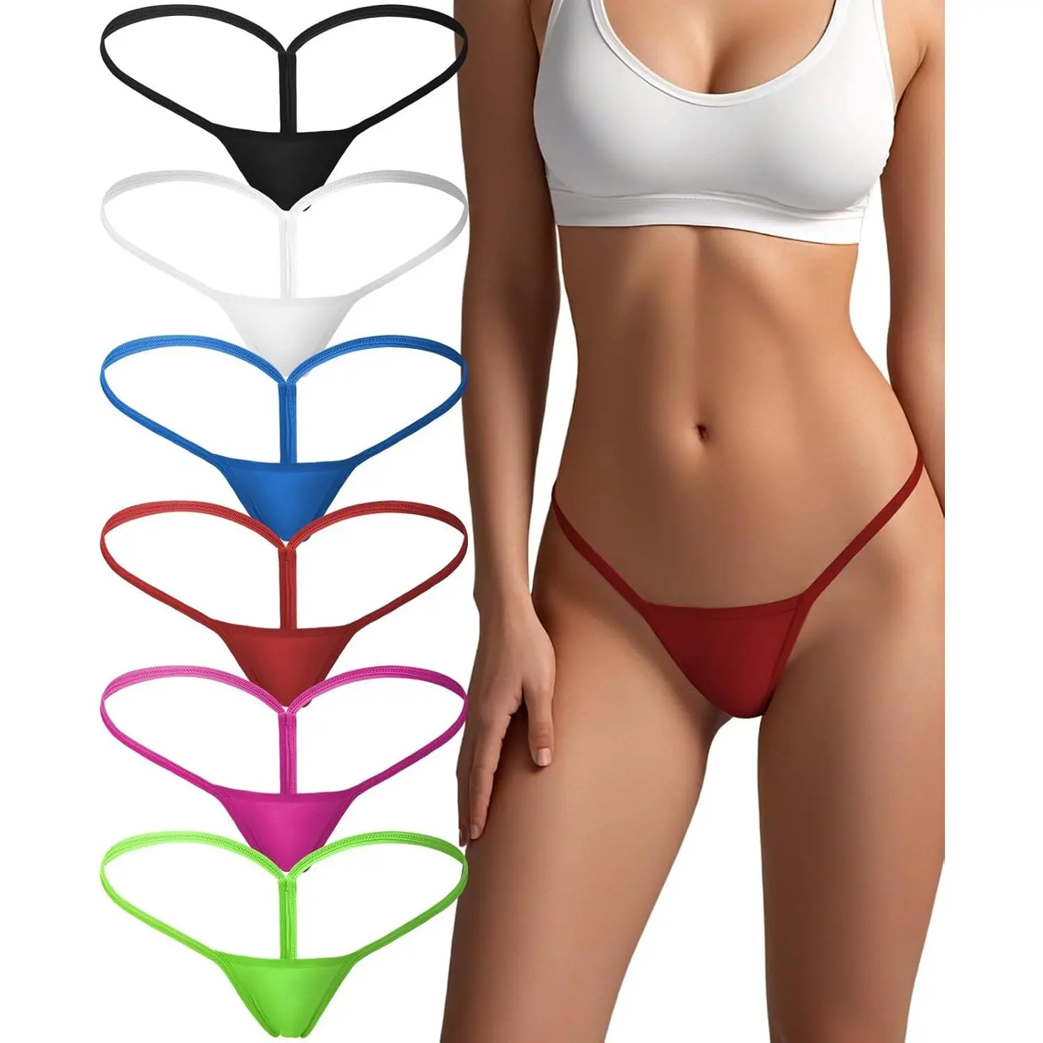 Women's Cotton G-String Thongs, 6-Pack Low-Rise Micro Lingerie, Comfortable Stretch Basic Lady Panties, Panty