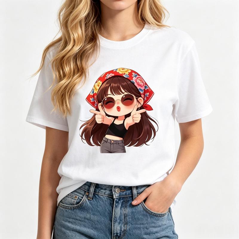 Women's Comfortable Fitted Cotton Crew Neck Short Sleeve Graphic T-Shirt - Cute Girl Print, Floral Headscarf, Sunglasses, Peace Sign, Kawaii Streetwear Beach Summer Casual Tee