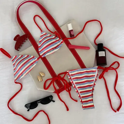 PEPPERMOLLY Women's 2-Piece Horizontal Striped Terry Cloth Bikini Set - Textured Triangle Top, Tie-Side Bottom Swimsuits for Beach Wear