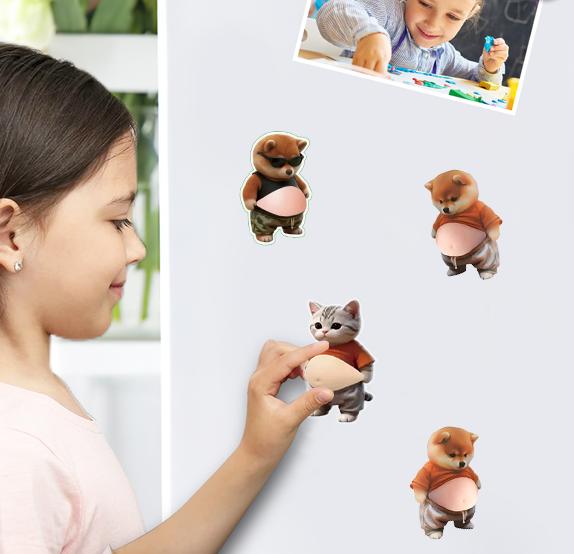 FORTAND 6pc Gift Set 3D Belly Squish Cute Stickers, Silicone Dog & Cat Mochi Fidget Stress Relief Toys, Kid & Adult Fidget Squeeze Items for Party Favors, Car Door & Wall Buffers, Cartoon Animal Stickers