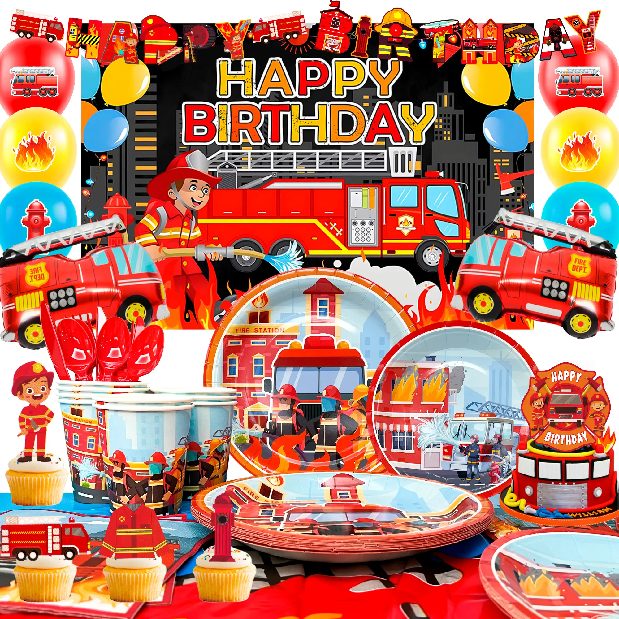 Fire Truck Birthday Party Supplies, 114 pcs Firetruck Birthday Decorations Tableware Set, Fire Truck Party Plates Cups Napkins, Firefighter Themed Balloon Backdrop etc Fire Truck Party Supplies