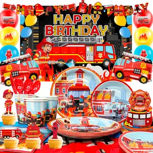 Fire Truck Birthday Party Supplies, 114 pcs Firetruck Birthday Decorations Tableware Set, Fire Truck Party Plates Cups Napkins, Firefighter Themed Balloon Backdrop etc Fire Truck Party Supplies