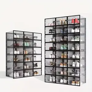 6/12/18/24-piece set, sturdy and transparent shoe box with lid, stackable plastic shoe rack. Waterproof design, space-saving, suitable for all types of shoes, ideal for entrance hall, shoe rack, and shoe cabinet storage