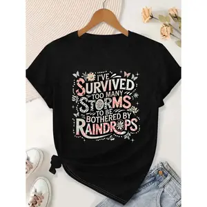 Women'S  Casual TShirt with Floral Butterfly Print I've Survived Too Many Storms to Be Bothered by Raindrops Design, Soft Comfortable for Spring Summer, Everyday Tshirt Floral Graphic Te，Soft and comfortable fabric，Black T-shirt,Short Sleeve